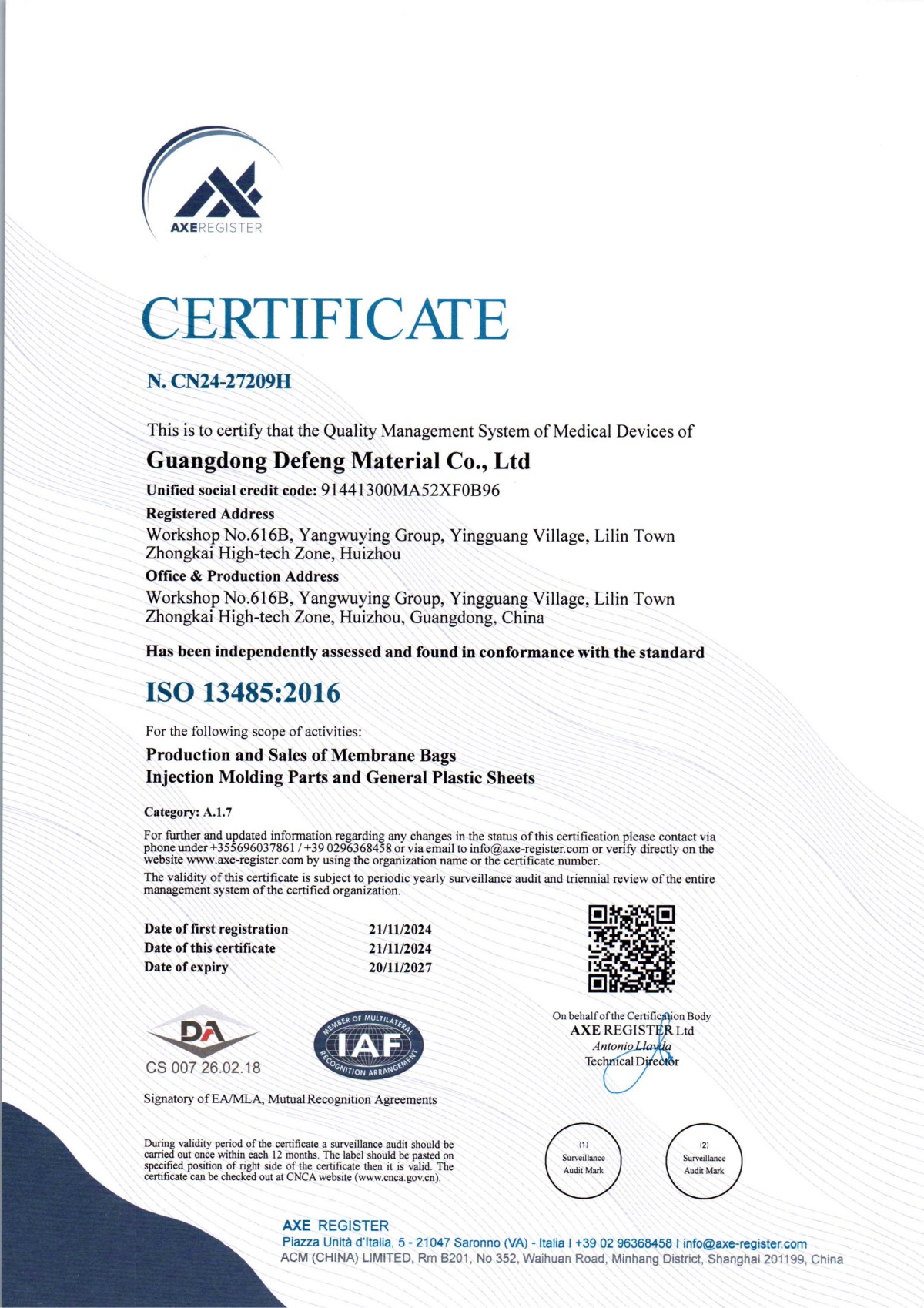 ISO 13485 Medical Devices Quality Management System Certificate